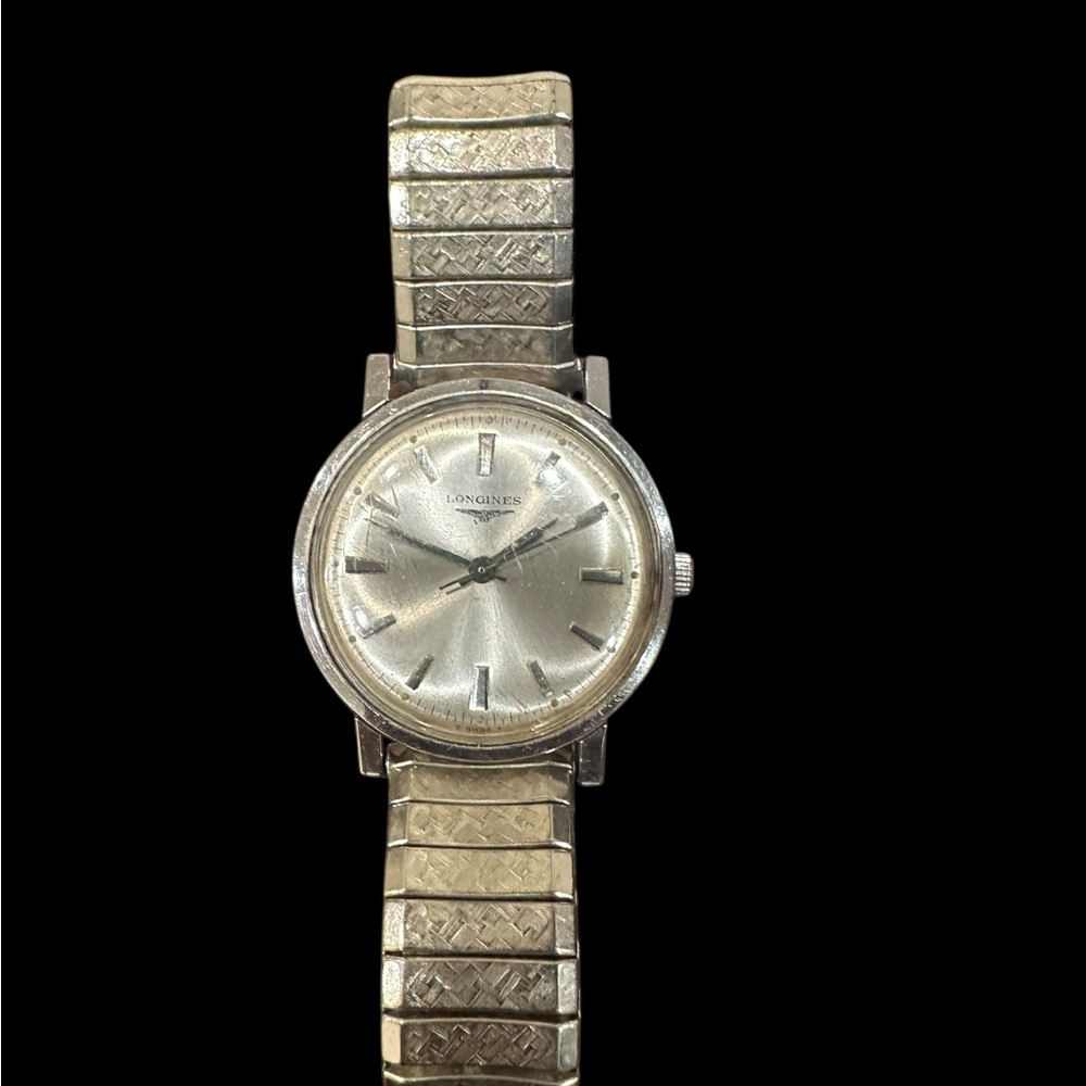 Longines Silver Watch With Patterned Strap - image 2